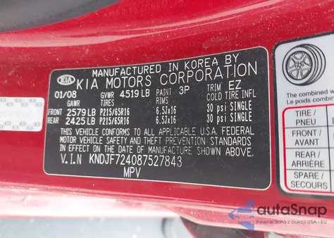 2008 Kia Sportage Lx z USA, uszkodzony, nr VIN KNDJF724087527843